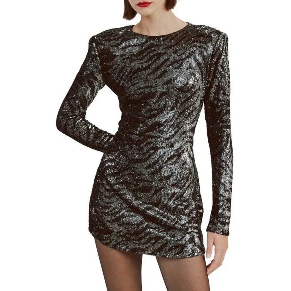 Bardot Alessia Sequin Tiger Stripe Mini Dress | Sz 4 Small Black Silver NWT $179